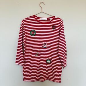 Karen Scott Womens Top Medium Red 3/4 Sleeve Striped Sailor Nautical Coastal